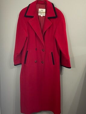 Towne London Fog Vtg Womens Long Pure Virgin Wool Coat 16M Red With Black Trim